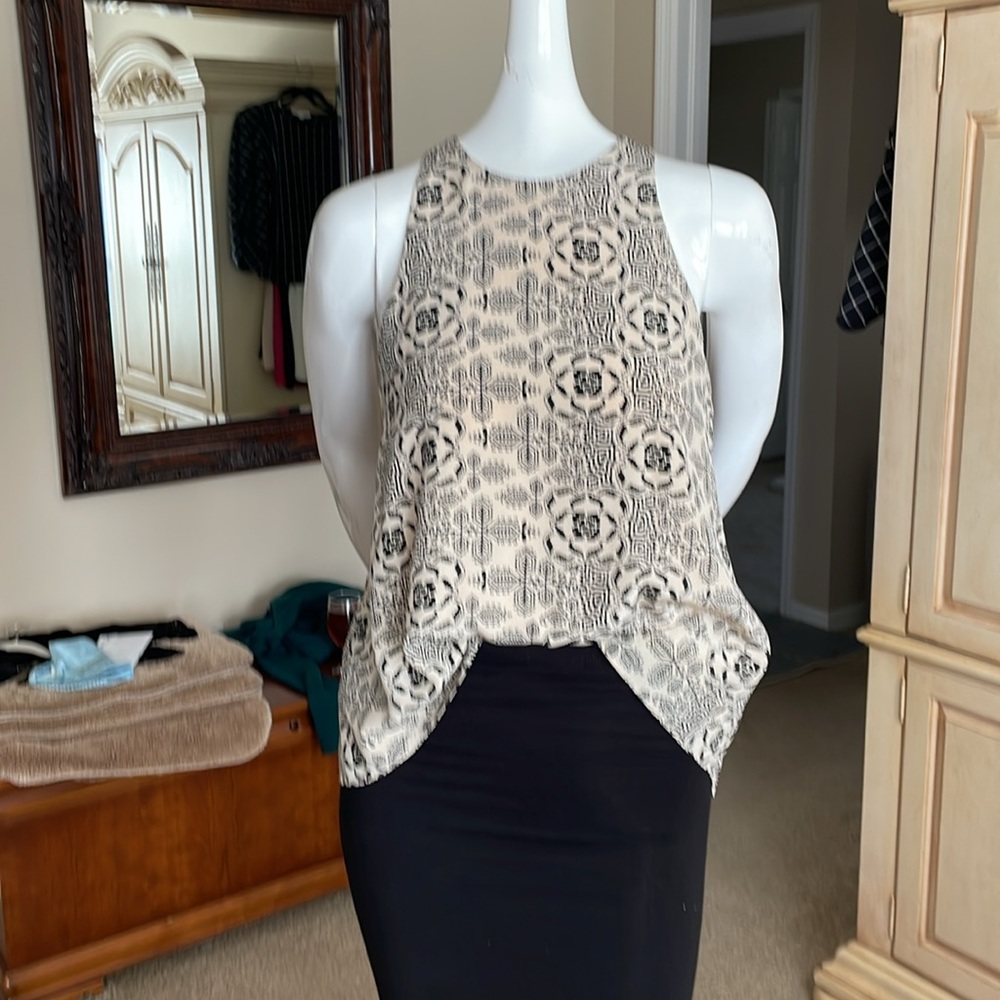 Elizabeth & James Silk Floral Geometric Print Asymmetric Hem Pleat Back Tank Top